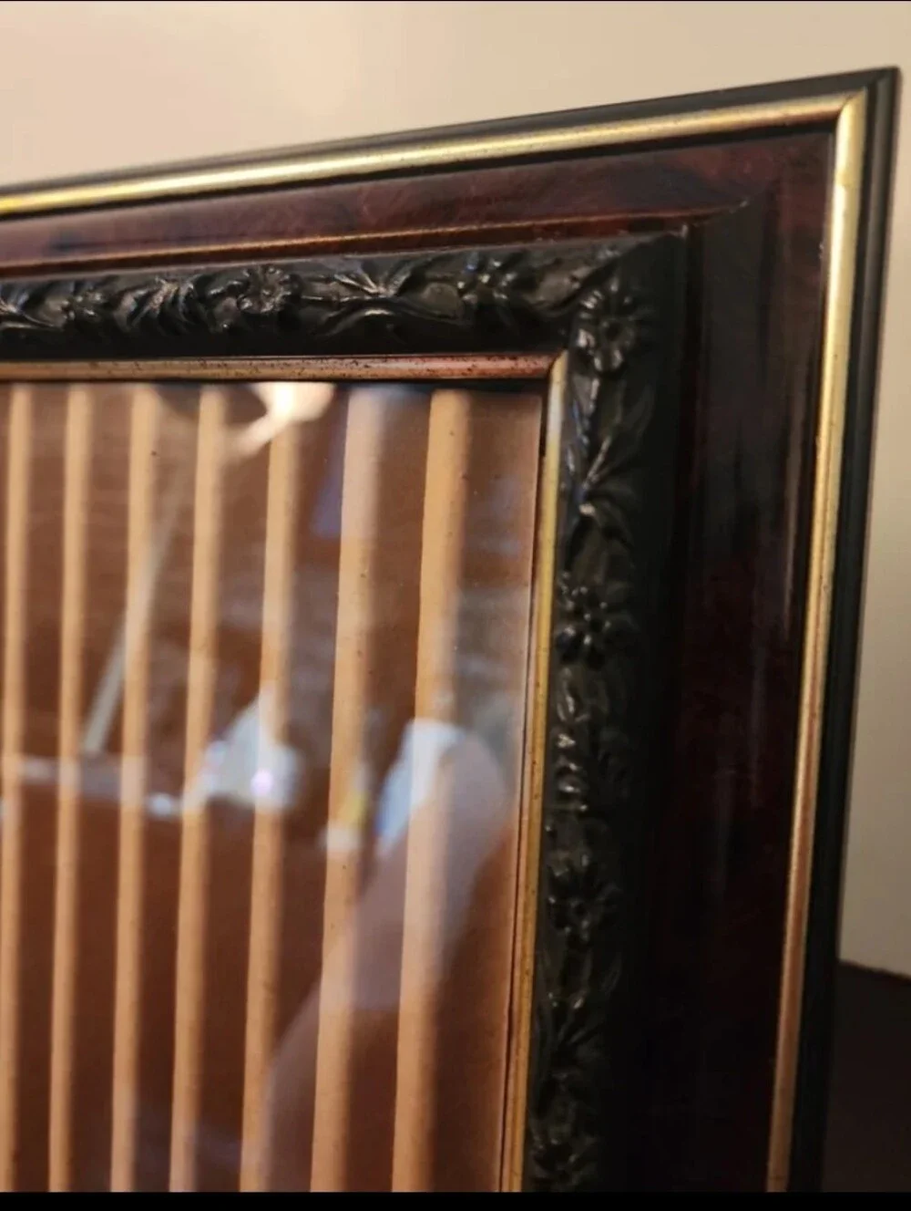 Faux Dark Wood With Black Plastic Floral Design with Gold Trim Picture Frame
